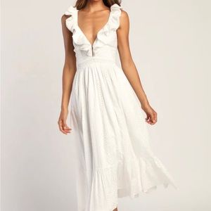 White Eyelet Embroidered ruffled lace-up MIDI Dress